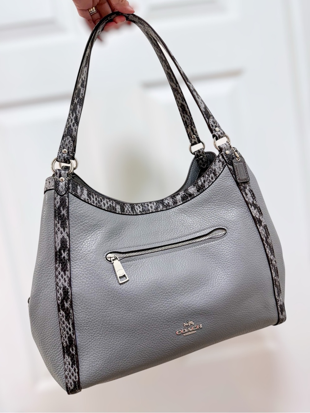 Coach Kristy Granite Grey Pebbled Leather Python Embossed Shoulder Bag - Picture 13 of 13
